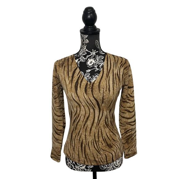 Neiman Marcus 100% Cashmere Tiger Stripe Animal Print V-Neck Sweater - MENDED - Picture 1 of 8